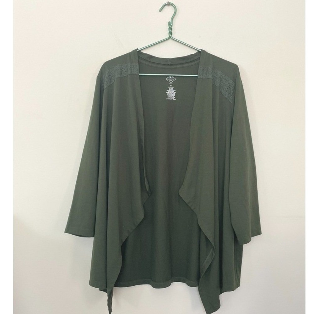 St Johns Bay Womens 1X Olive Green Lace Shoulder Open Front Cardigan 3 Preppy 4